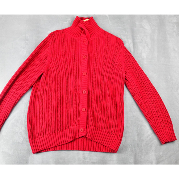 LL Bean Cardigan Womens XL Red Button Up Turtleneck Cable Knit Sweater Pima - Picture 1 of 8